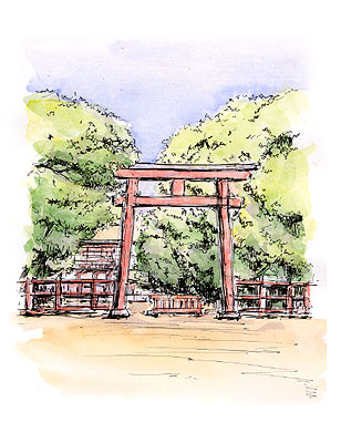 水彩画 京都 下鴨神社 鳥居 京都市左京区下鴨泉川町