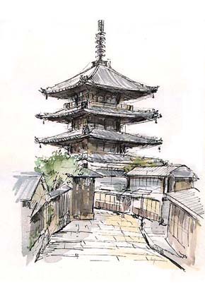 水彩画 京都 八坂の塔 （法観寺） 京都市東山区八坂上町